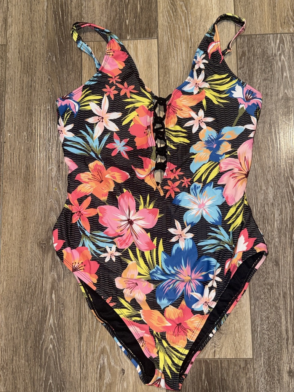 Girls' Black Floral One-Piece Swimsuit with Pink & Blue Blooms